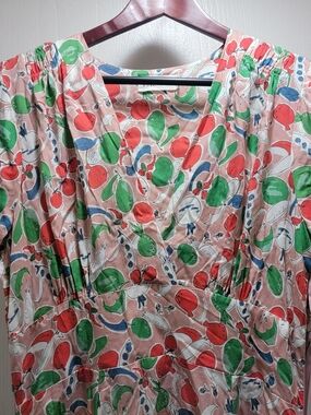 Palava Vintage-Inspired Fruit Print Dress in Coral, Green & Blue